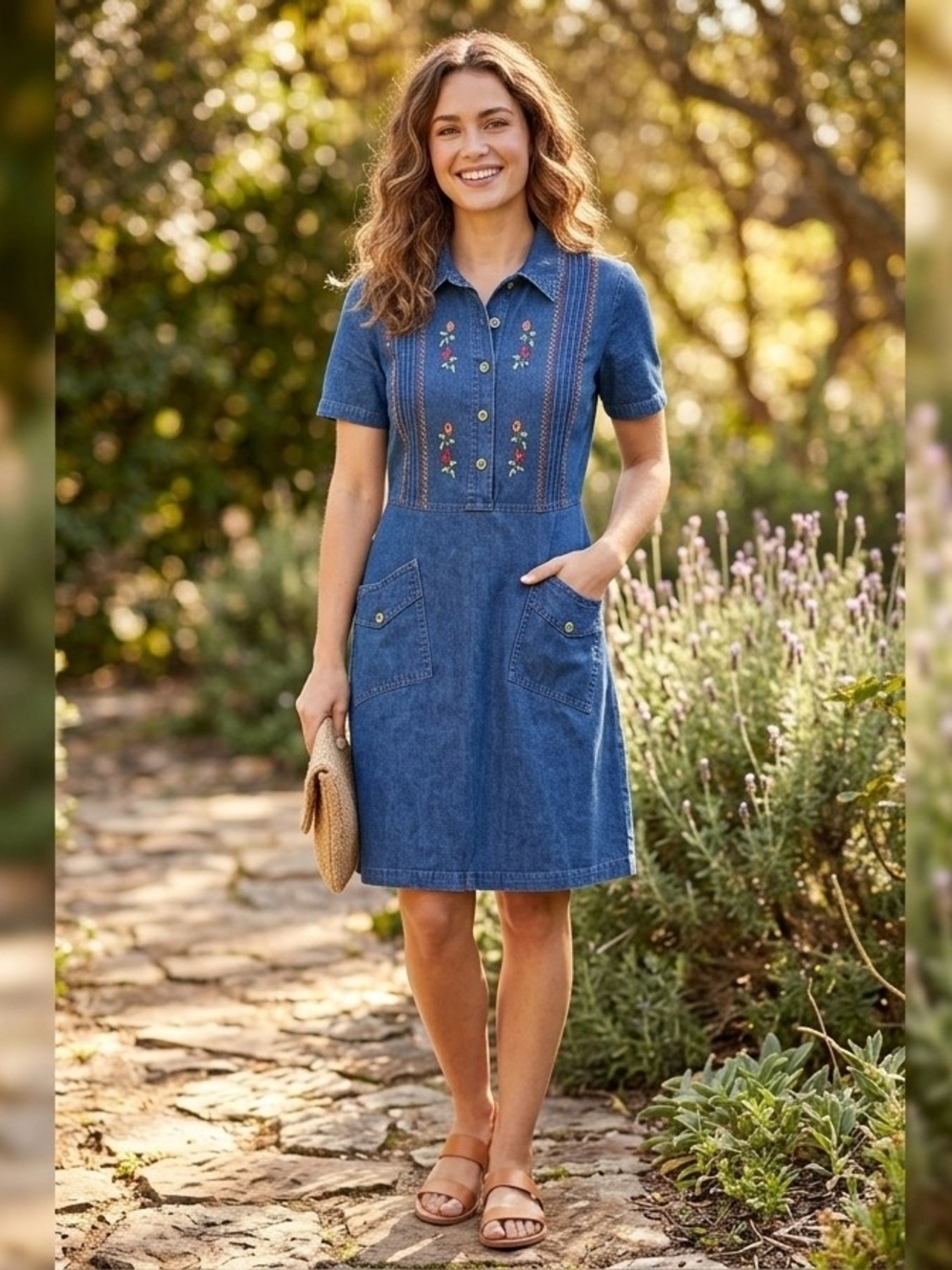 Vintage 90s Blue Embroidered Denim Dress Cottagecore Soft Grunge Grandmacore US6